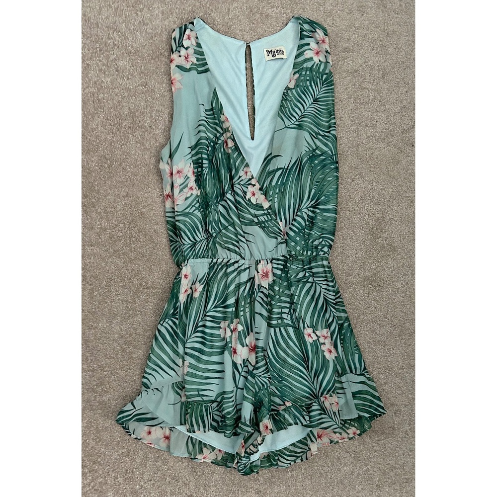 Show Me Your MuMu Sleeveless Tropical Shorts Ruffle Romper, M